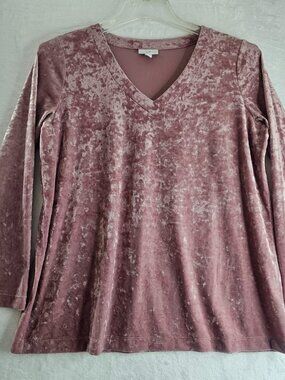J. Jill Women Crushed Velvet Top Size M V-Neck Mauve Rose Pink Casual